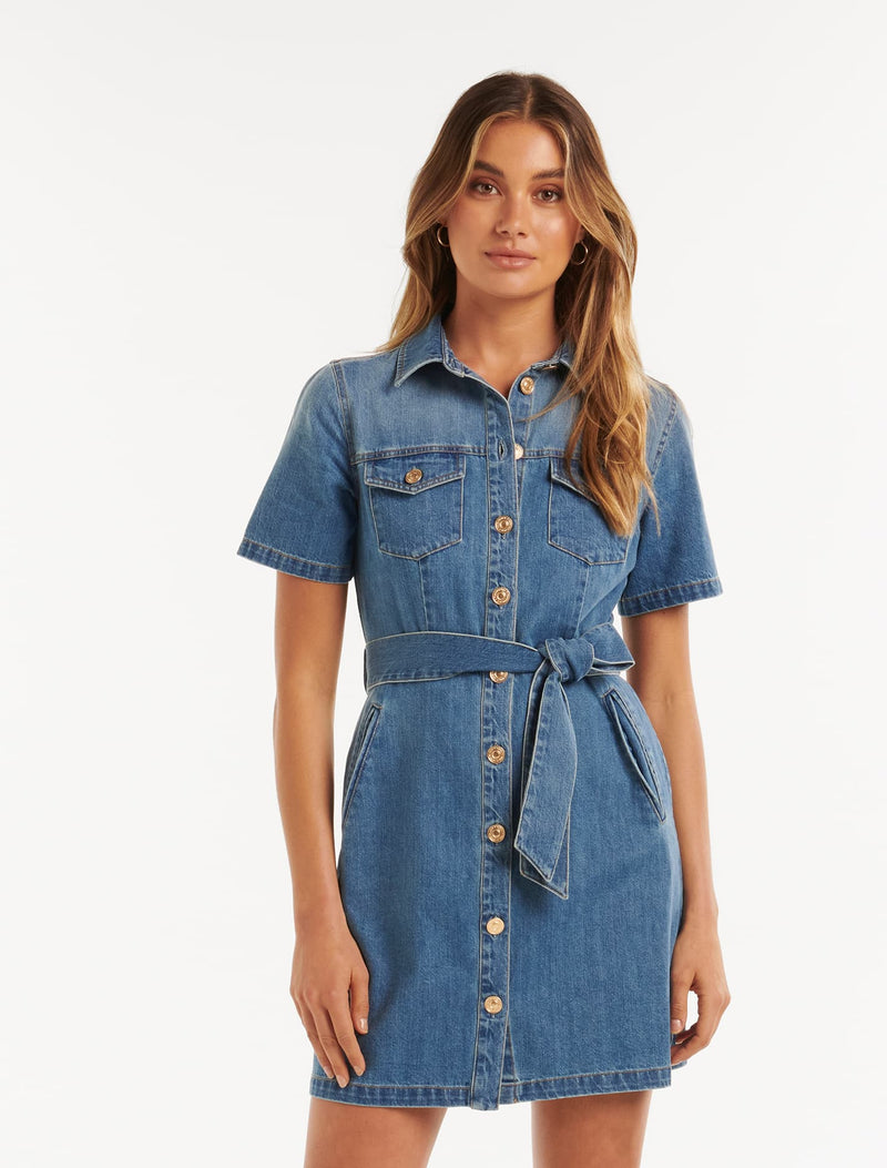 Andrea Denim Short Sleeve Shirt Dress Forever New