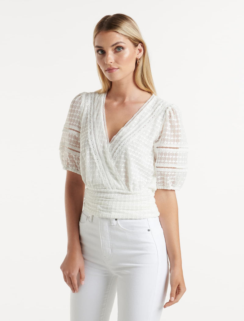 Ariel Spliced Lace Wrap Top Forever New