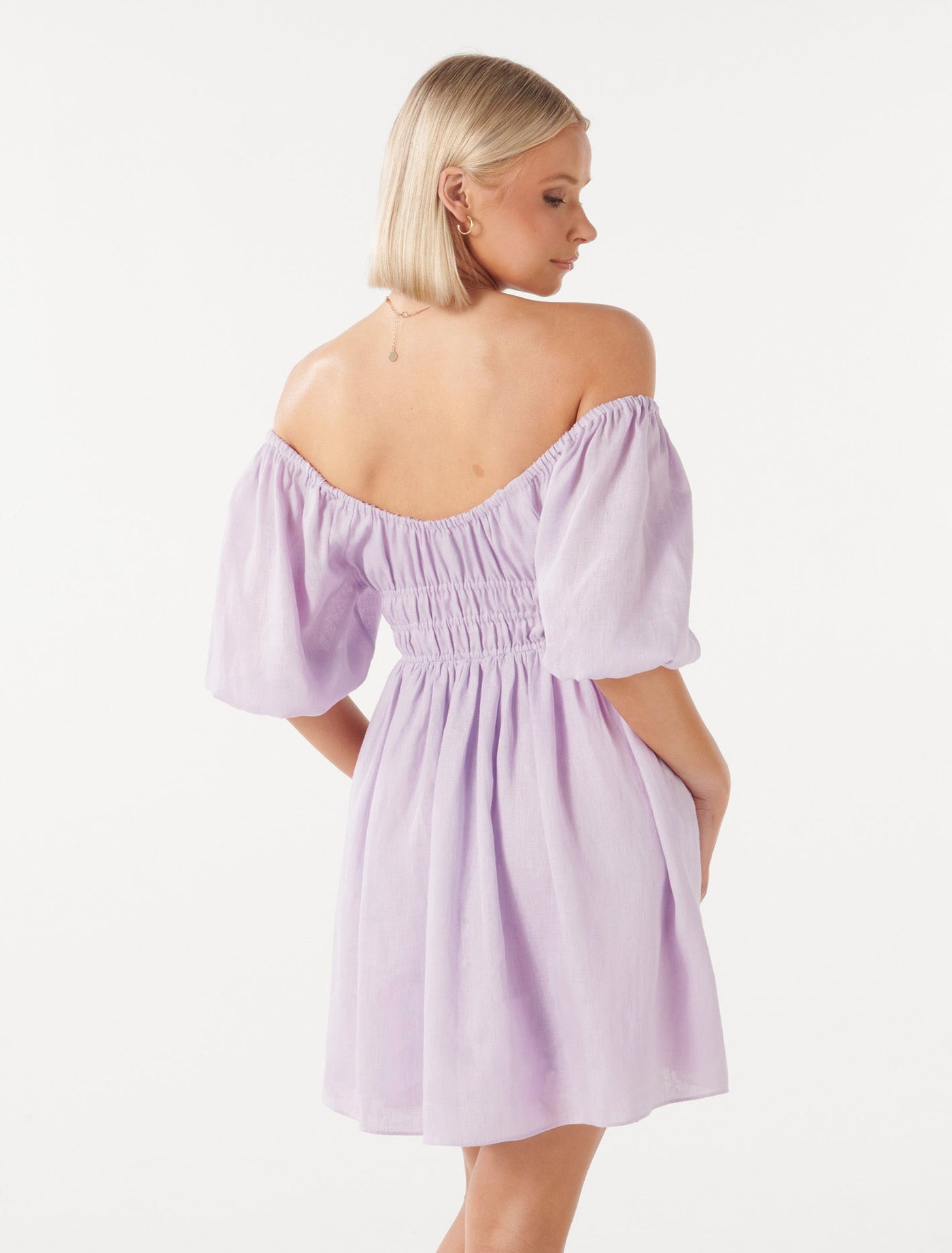 Mary-Jane Off Shoulder Mini Dress Lilac Haze | Forever New