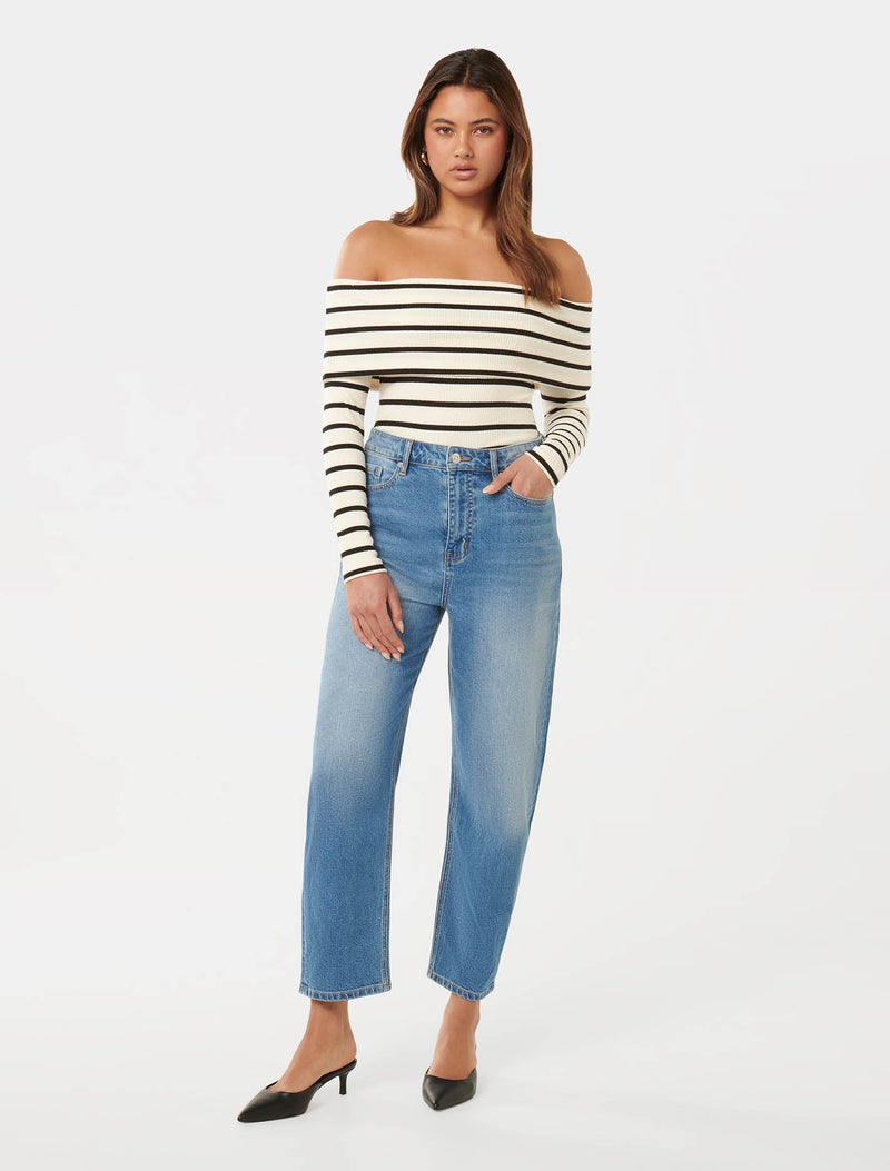 Louise Ribbed Long Sleeve Bardot Top Forever New