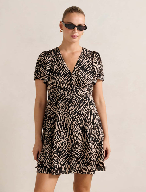 Pria Button Through Mini Dress Black Dalston Abstract Forever New