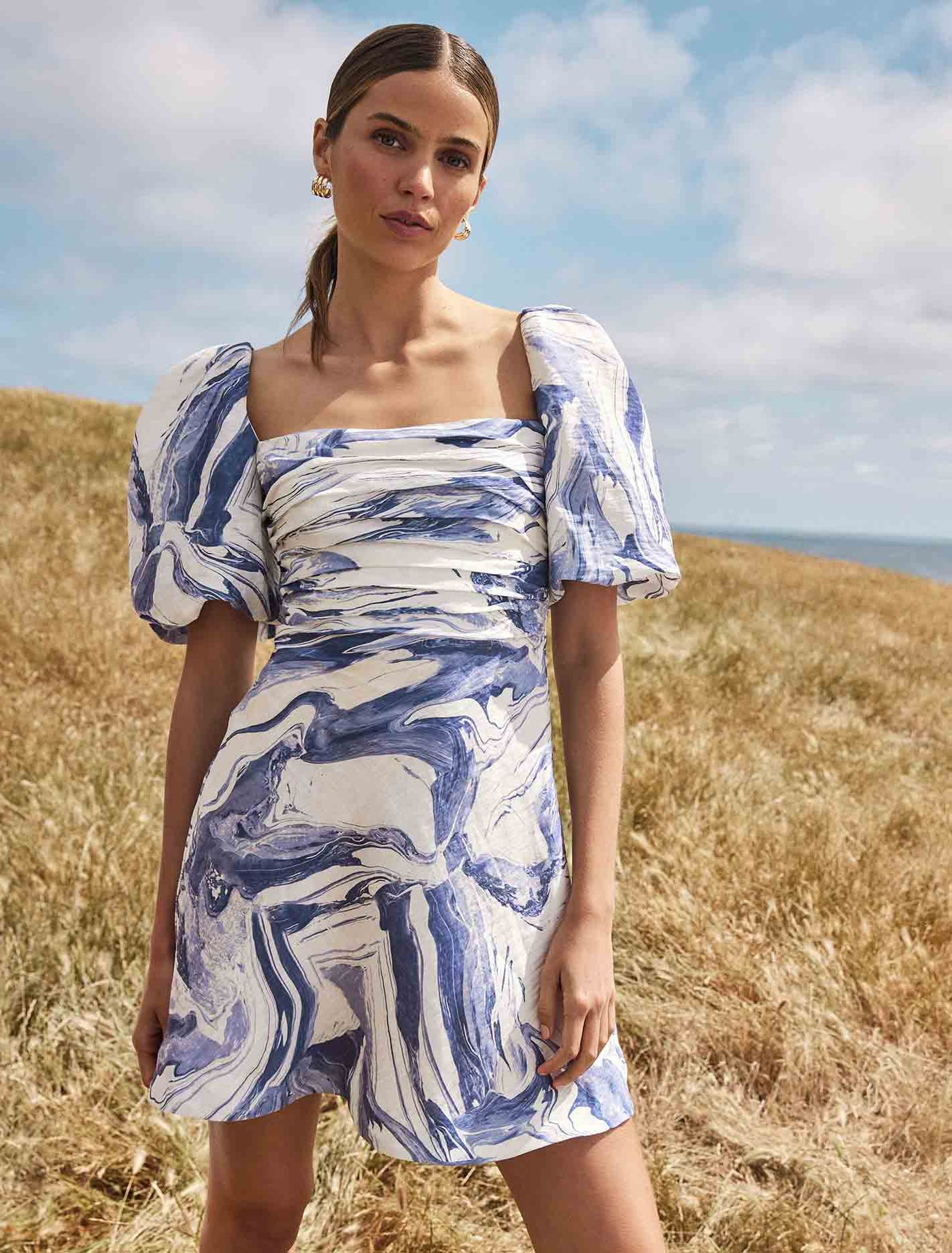 Abigail Printed Puff Sleeve Mini Dress Blue Marble | Forever New