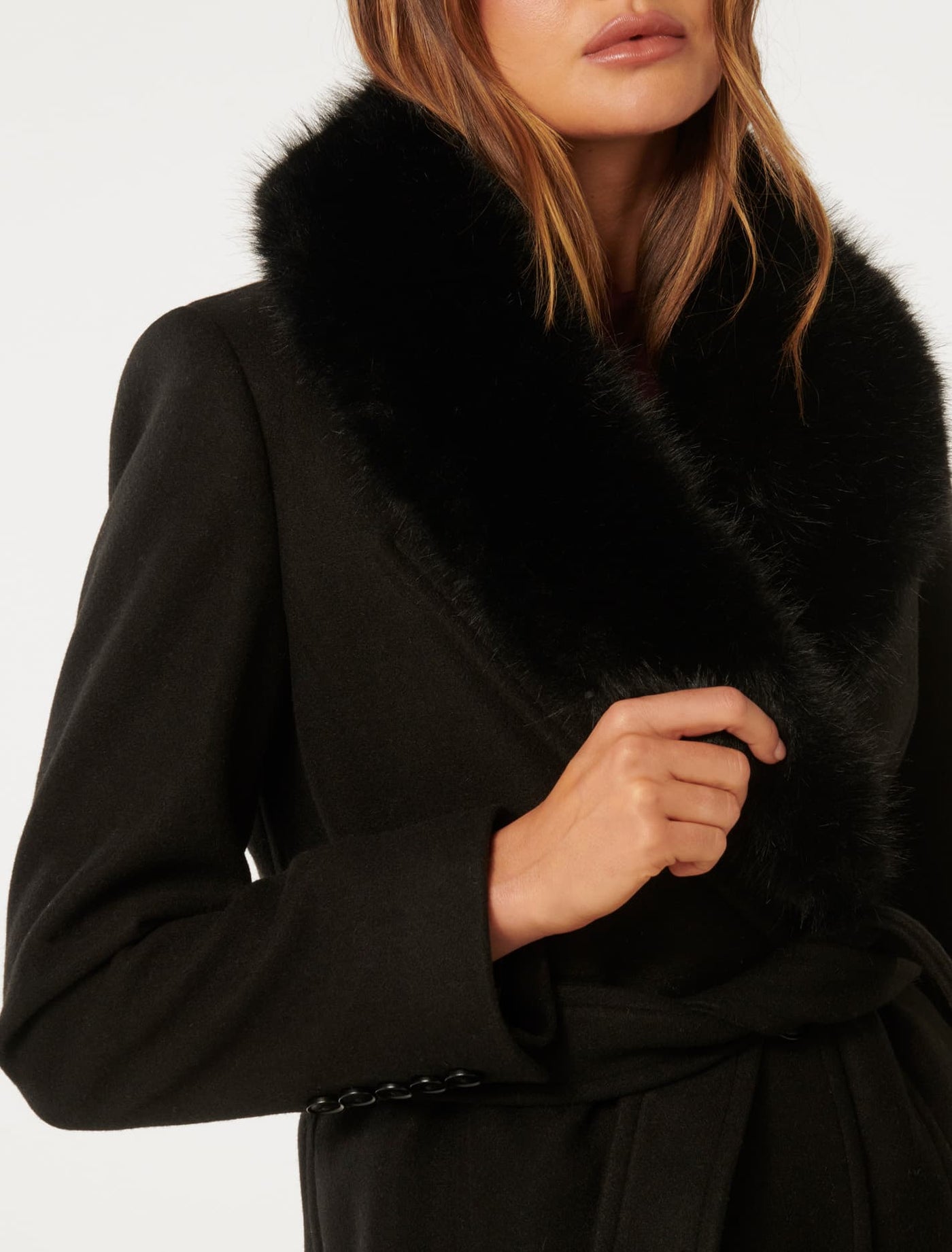 Monica Fur Collar Wrap Coat Black | Forever New