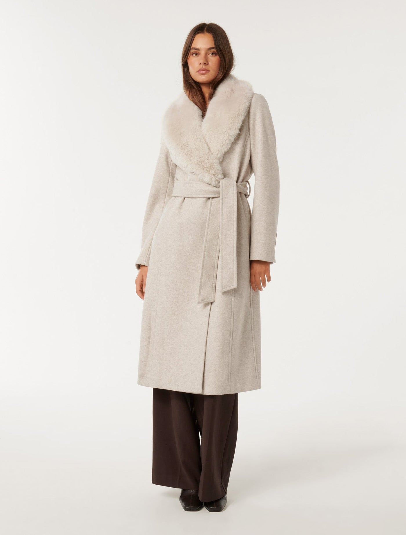 Monica Fur Collar Wrap Coat Mink Marle | Forever New