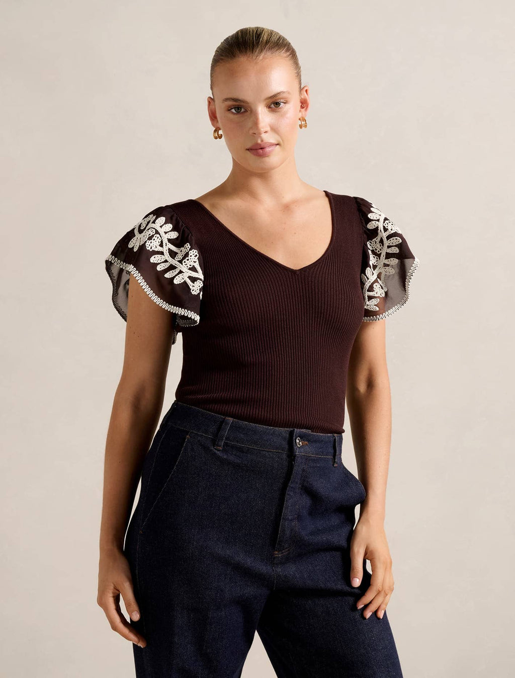 Elodie Frill Sleeve Knit Tank Top Chocolate | Forever New