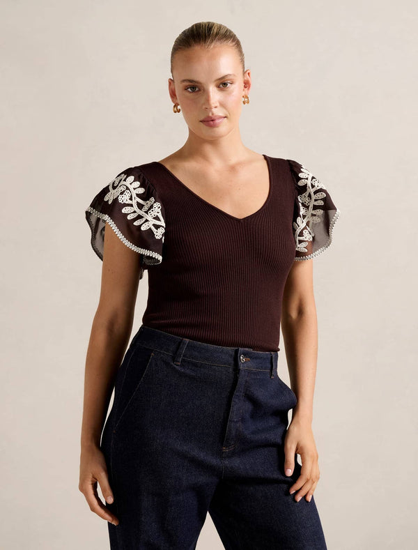 Elodie Frill Sleeve Knit Tank Top Chocolate Forever New