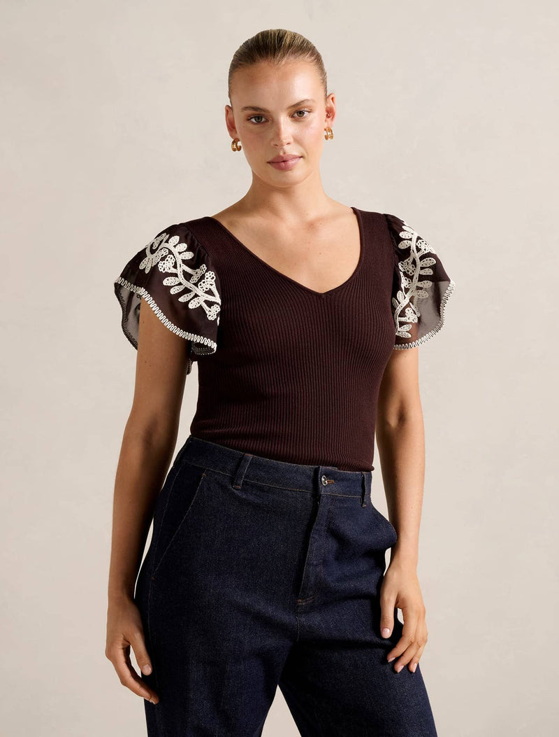Elodie Frill Sleeve Knit Tank Top Chocolate Forever New