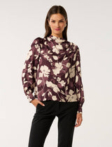 Nancy Drape Neck Button Blouse Audrey Stencil Berry Forever New