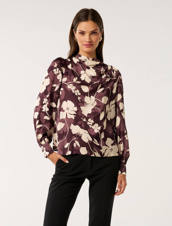 Nancy Drape Neck Button Blouse Audrey Stencil Berry Forever New