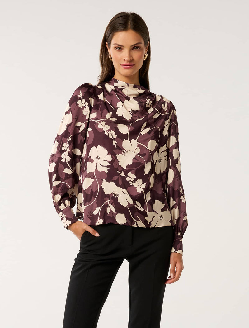 Nancy Drape Neck Button Blouse Audrey Stencil Berry Forever New