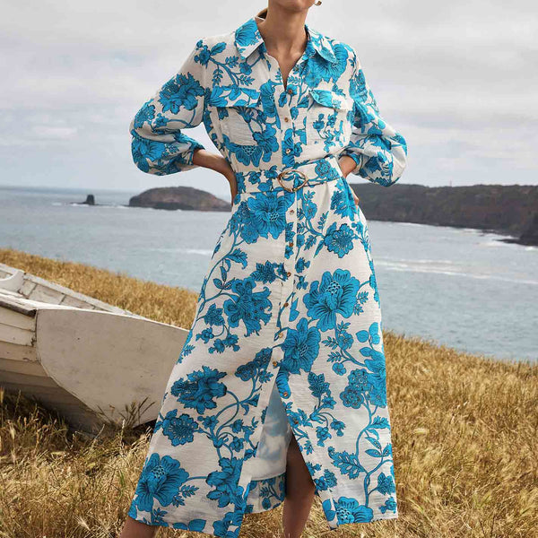 Janie Printed Shirt Midi Dress Large Blue Chintz | Forever New