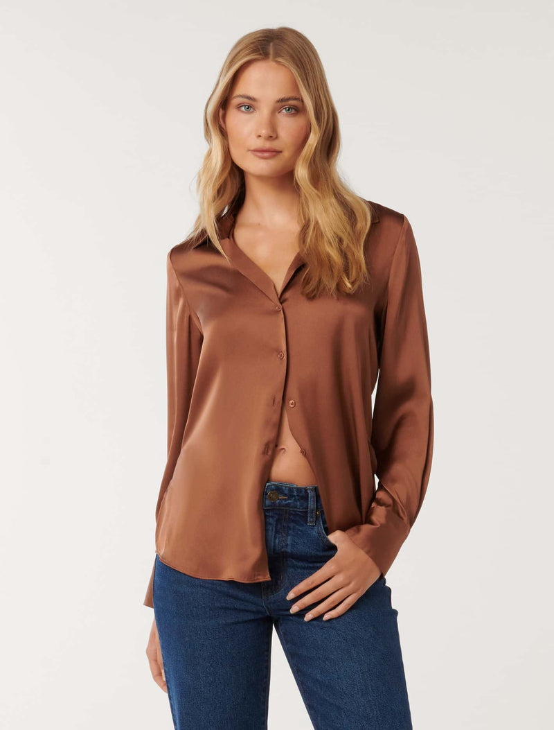 Harvey Notched Neck Satin Shirt Oak Tree Forever New