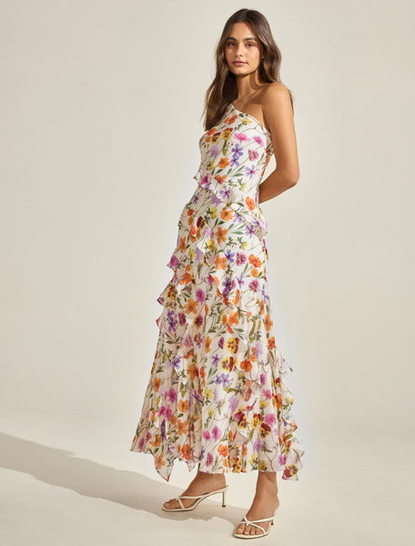 3COLOUR★Floral halter dress with French rufflesワンピース32 Crush Ruffle Halter Maxi Dress Black/Cream Dot Online