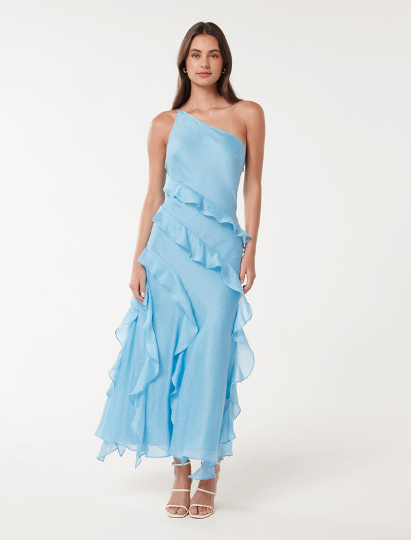 Belle One Shoulder Ruffle Dress Arctic Ocean Forever New