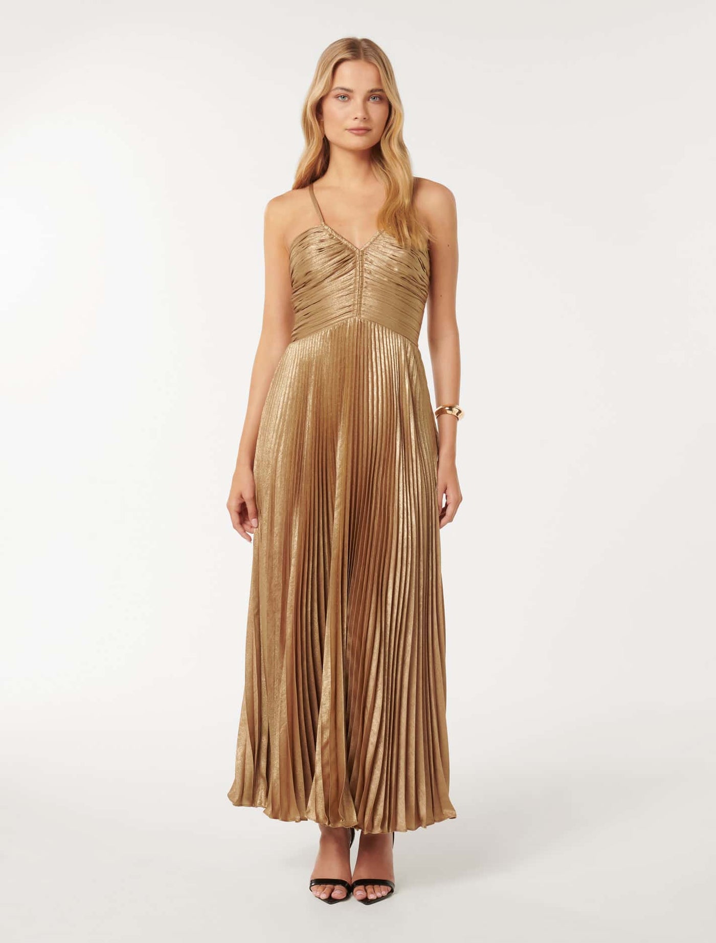 Jayden Metallic Pleated Maxi Dress Gold | Forever New