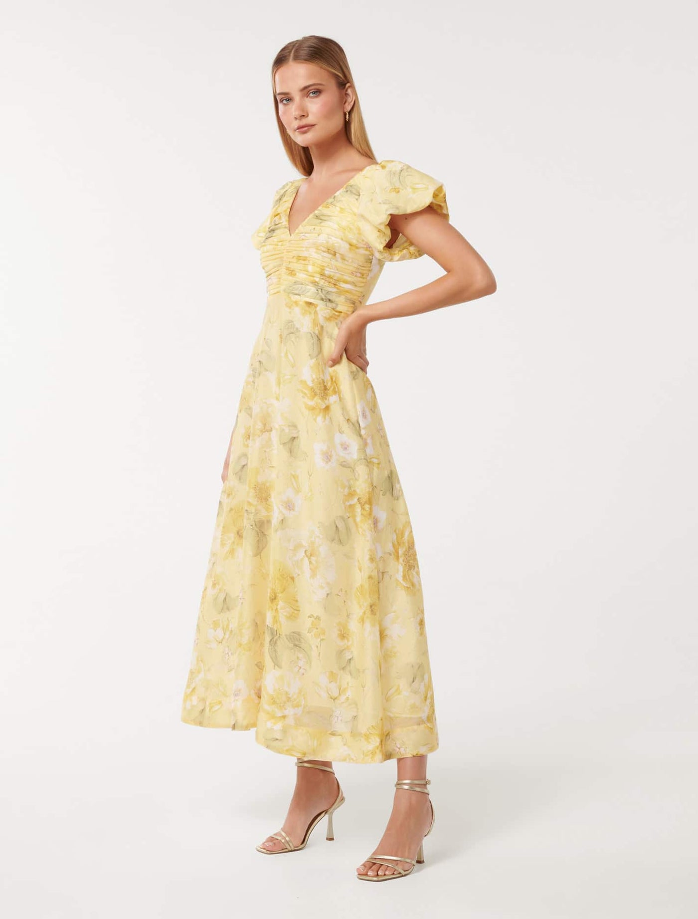 June Ruched V Neck Midi Dress Gold Botanical | Forever New