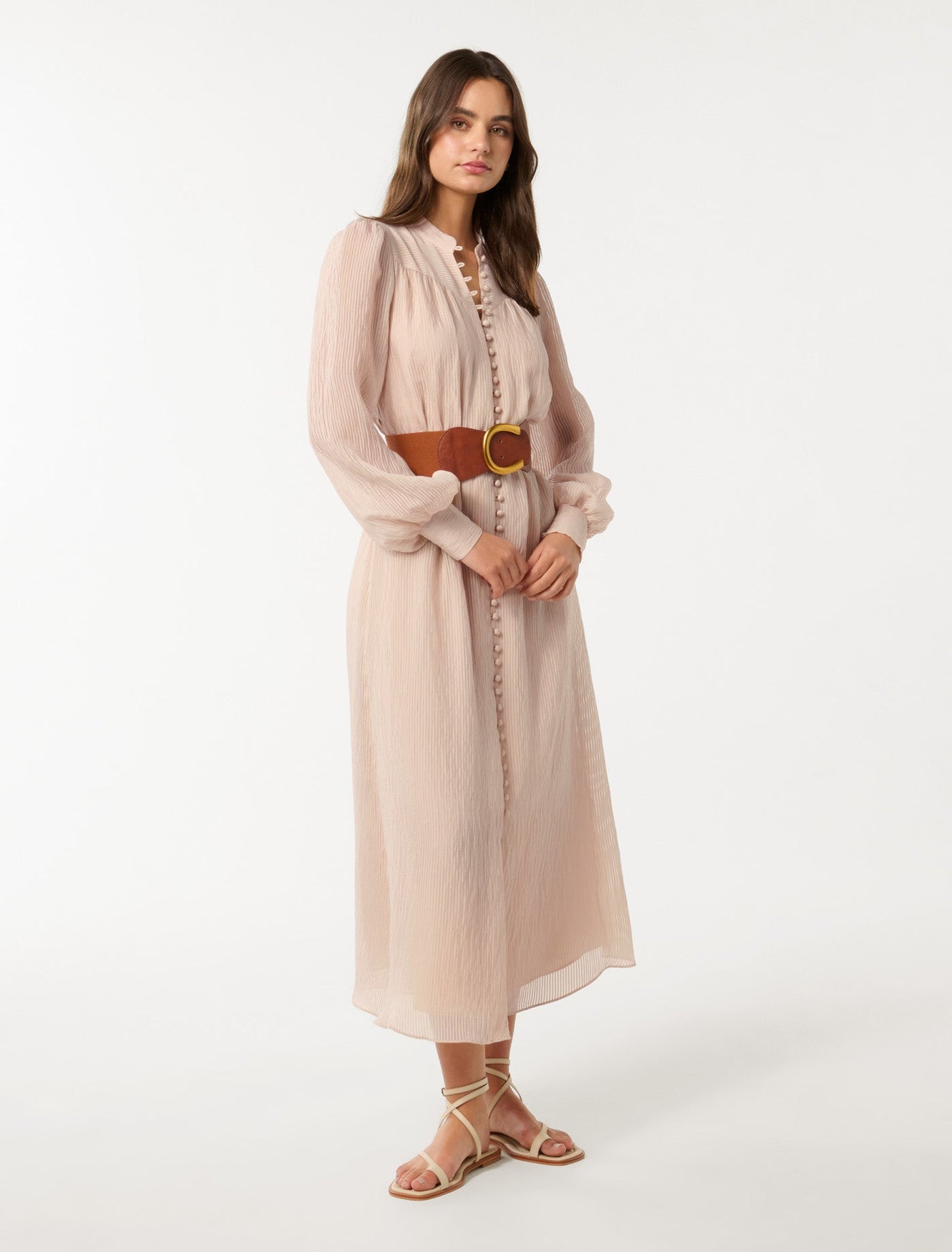 Anja Self Stripe Belted Midi Dress Neutral | Forever New