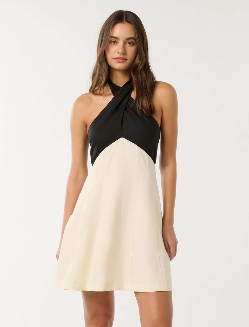 Lea Contrast Halter Neck Mini Dress Cream/Black | Forever New Lea Contrast Halter Neck Mini Dress Cream/Black | Forever New