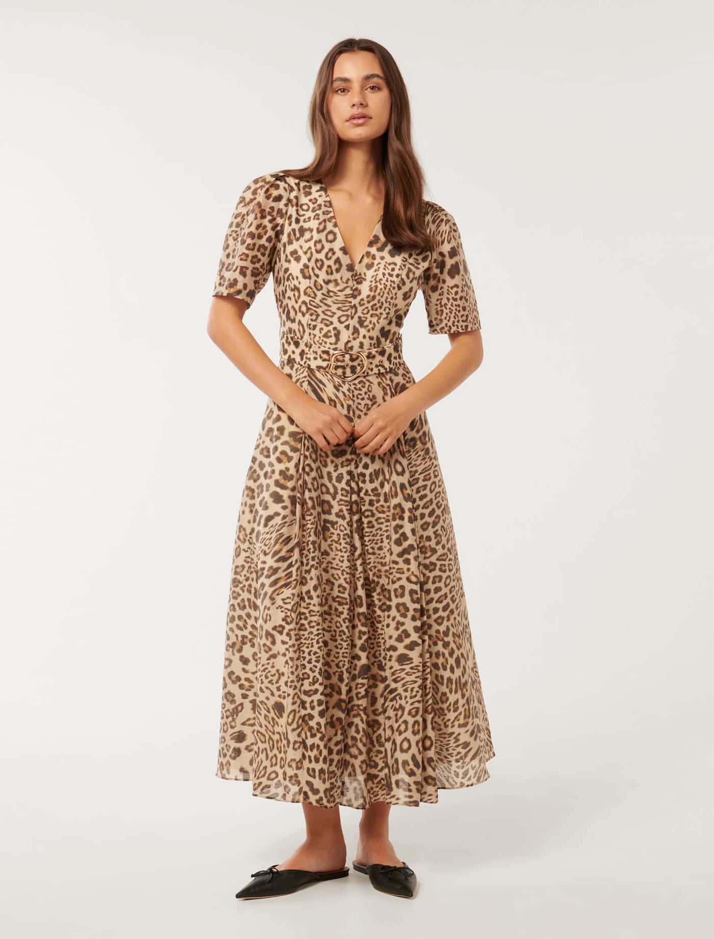 Melinda Belted Midi Dress Leopard Swirl