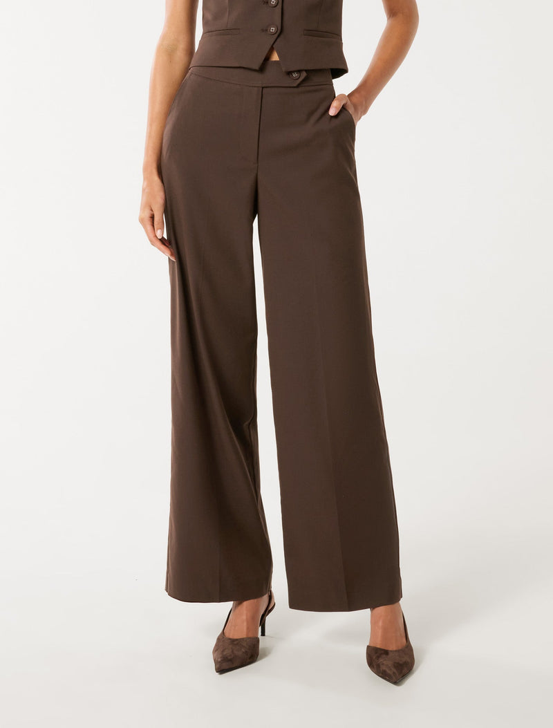 Tyla Button Tab Wide Leg Pants Chocolate Co-ord Forever New