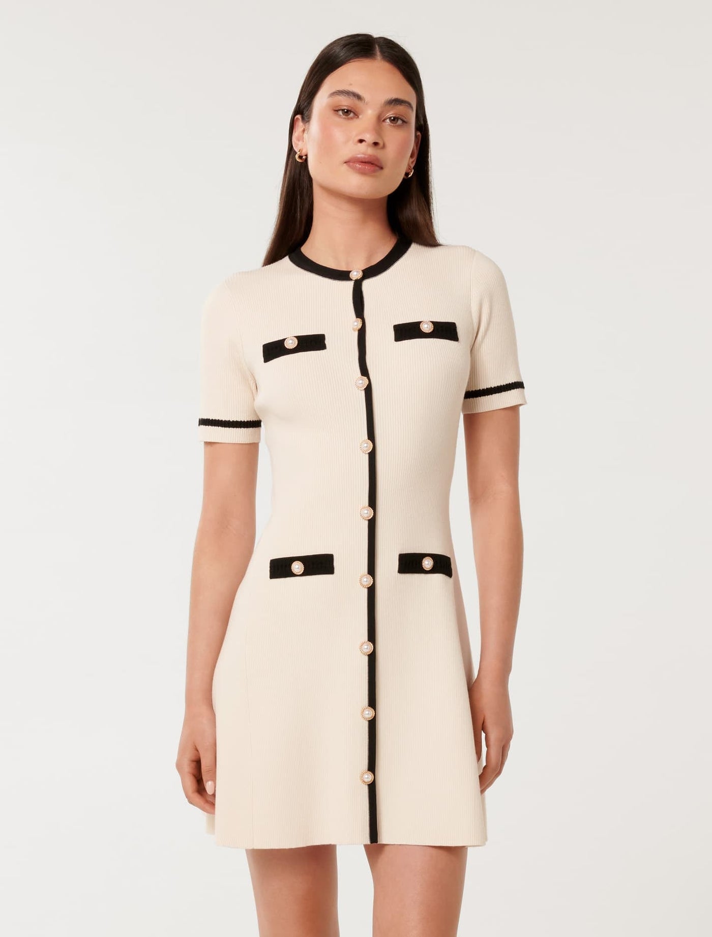 Kerry Contrast Knit Mini Dress Cream/Black | Forever New