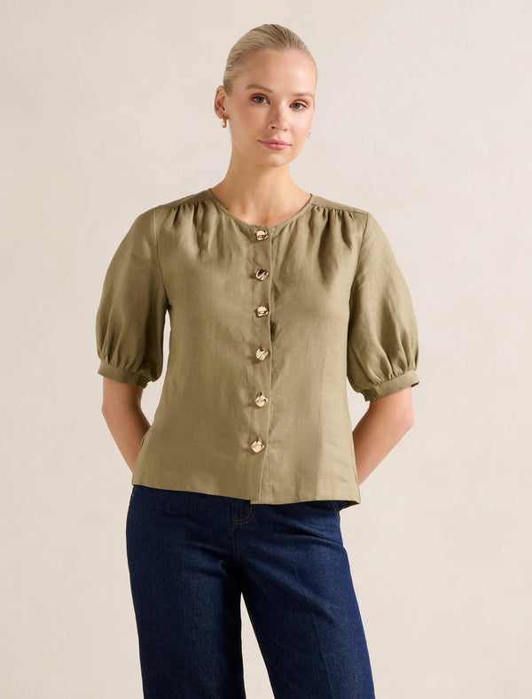 Riley Button Front Top Washed Khaki Forever New