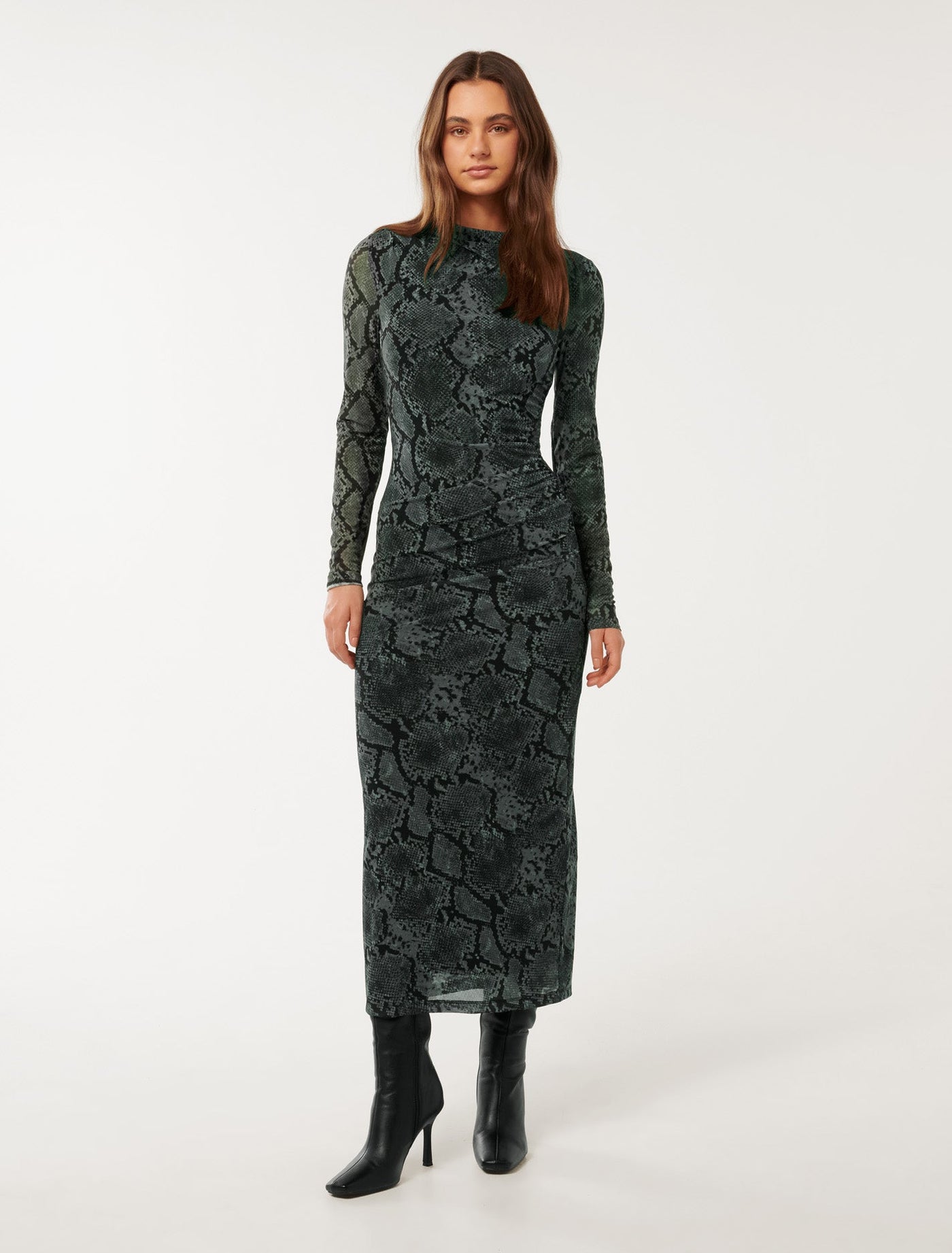 Loretta Ruched Side Midi Dress Green Sepia Snake | Forever New