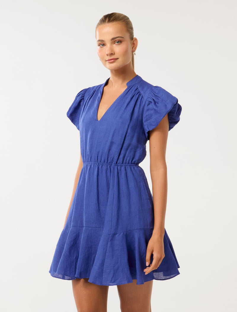 Isabella Puff Sleeve Linen Mini Dress