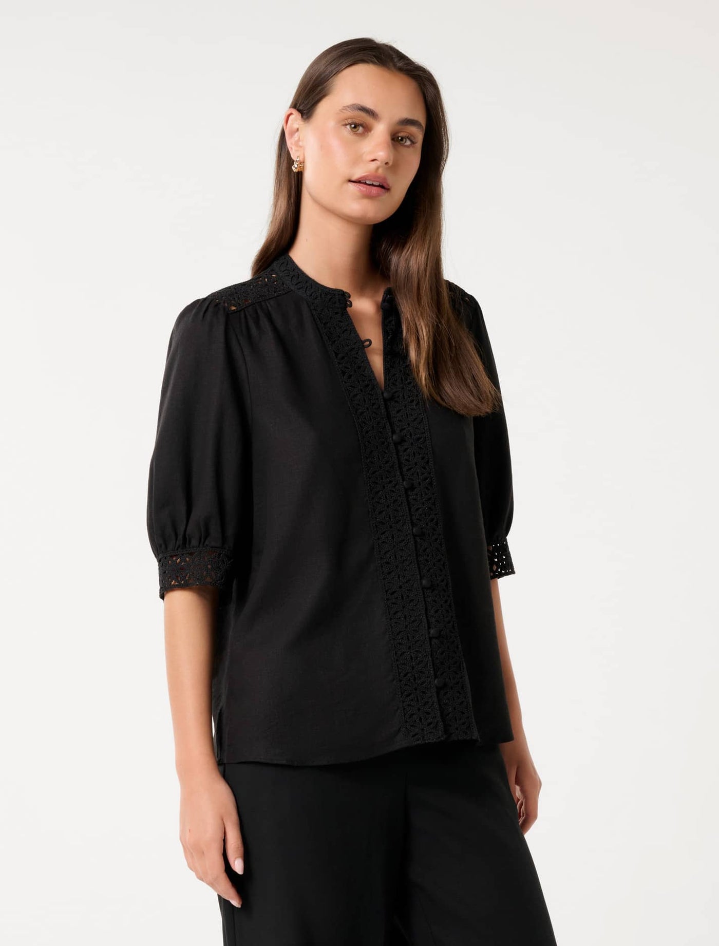 Cassie Crochet Trimmed Blouse Black | Forever New