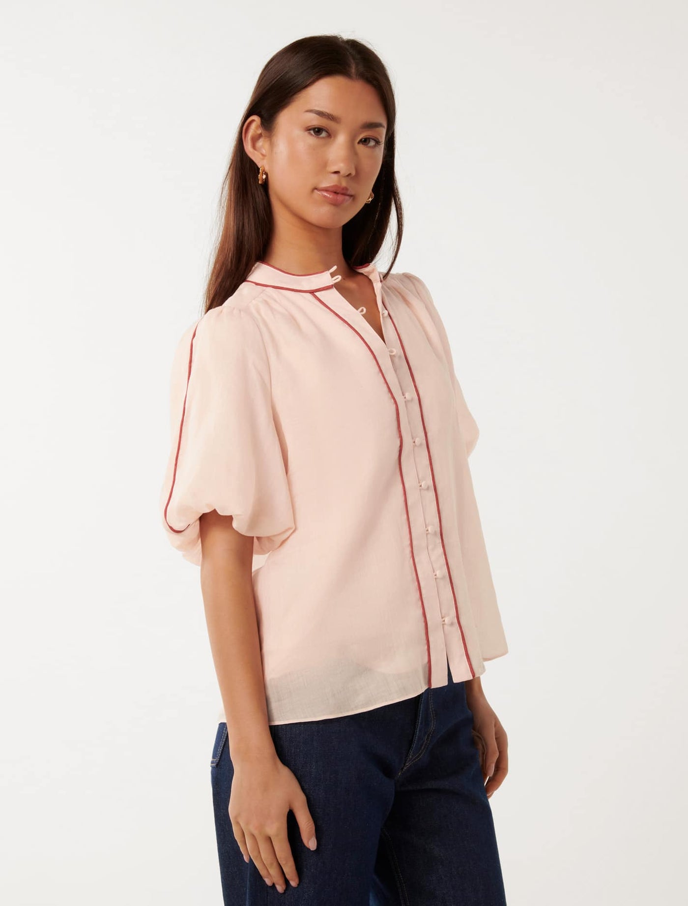 【新品未使用】piping bulky frill blouse LTS Tall Burgundy Red Woven Frill Blouse | Long Tall Sally