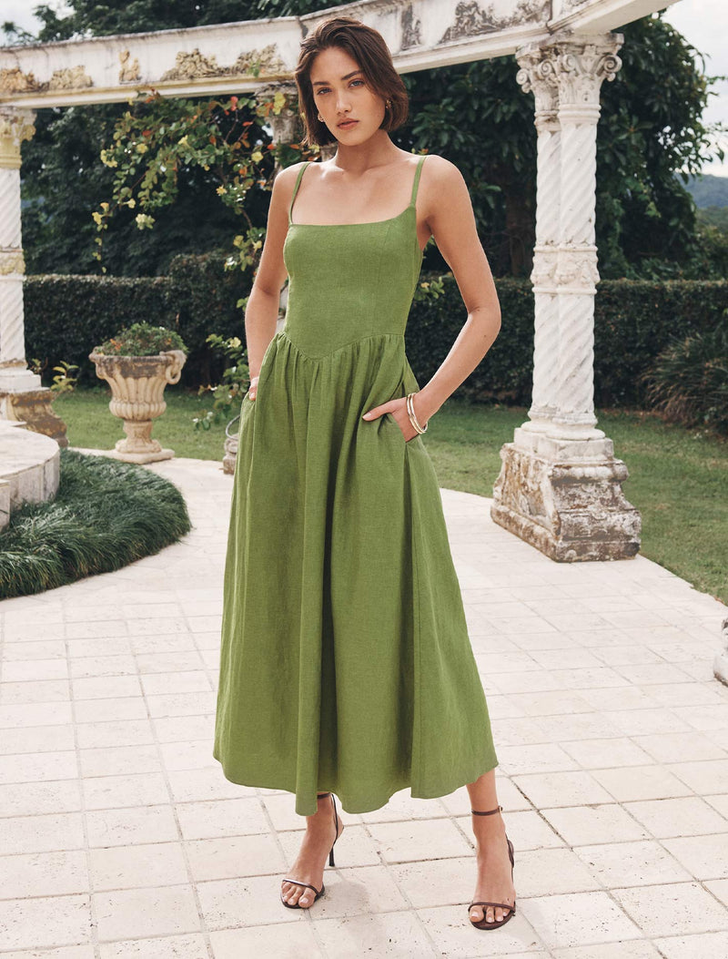 May Linen Square Neck Midi Dress Greenery | Forever New