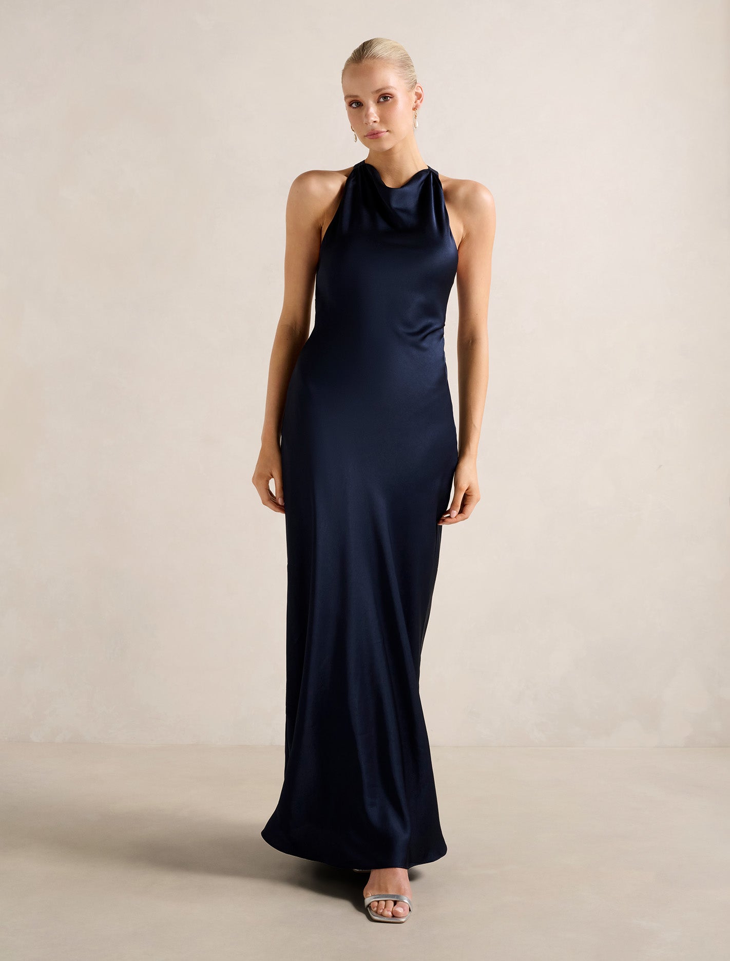 Audrey Satin Backless Maxi Dress Navy | Forever New