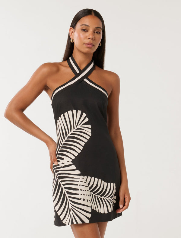 Adore Halter Neck Linen Mini Dress Paros Palm Forever New