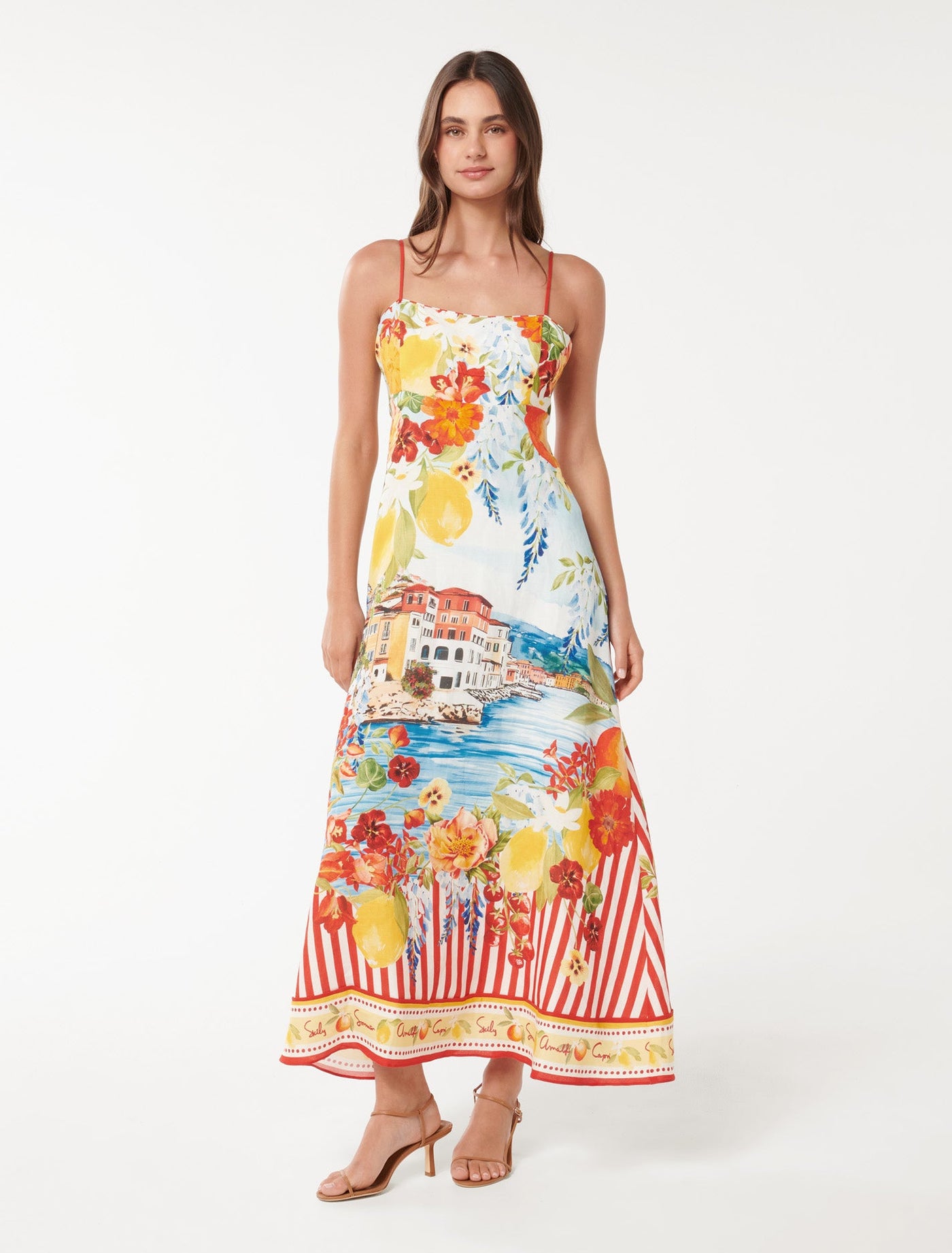 knee length dresses for ladies Sosy Postcard Charlotte Button Midi Dress Curve WHITE-BLUE-GRN / 3X by Sugarlips main image 0