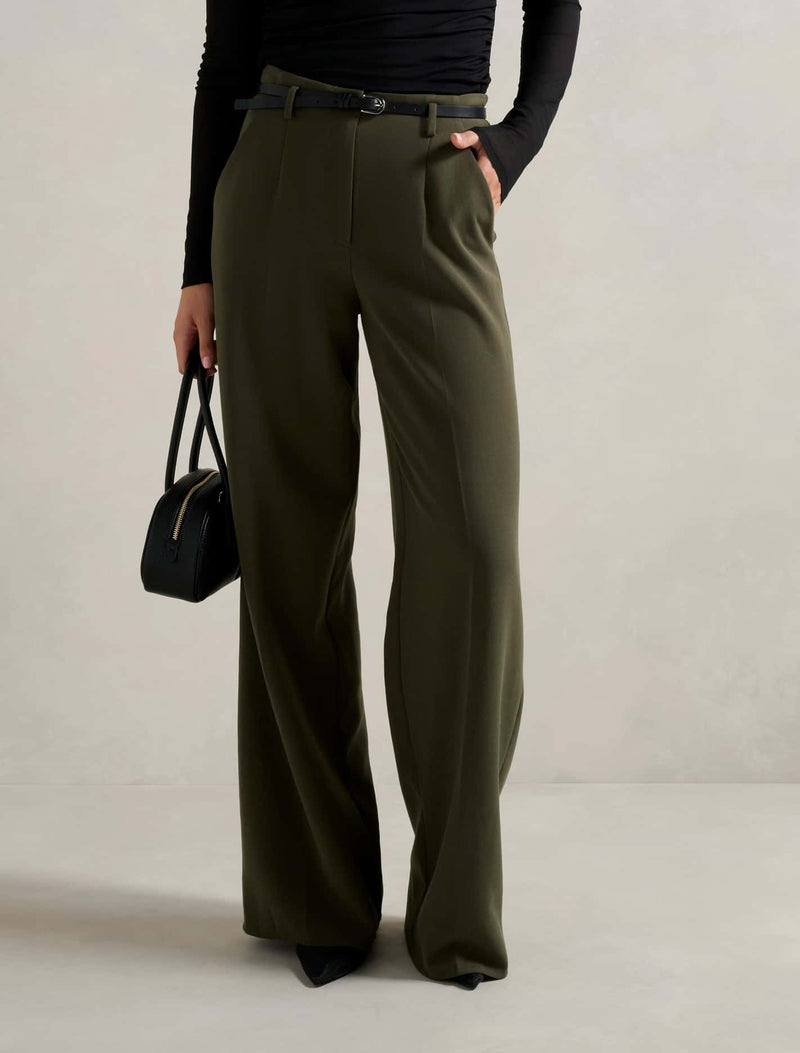 Chantelle Belted Wide Leg Pants Dark Green Forever New