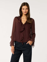 Alix Sheer Ruffle Blouse Chocolate Forever New