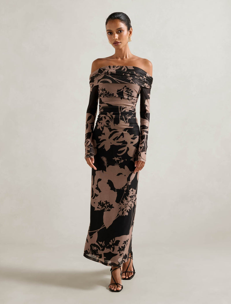 Minnie Petite Mesh Bardot Midi Dress Tan Hensley Floral Forever New