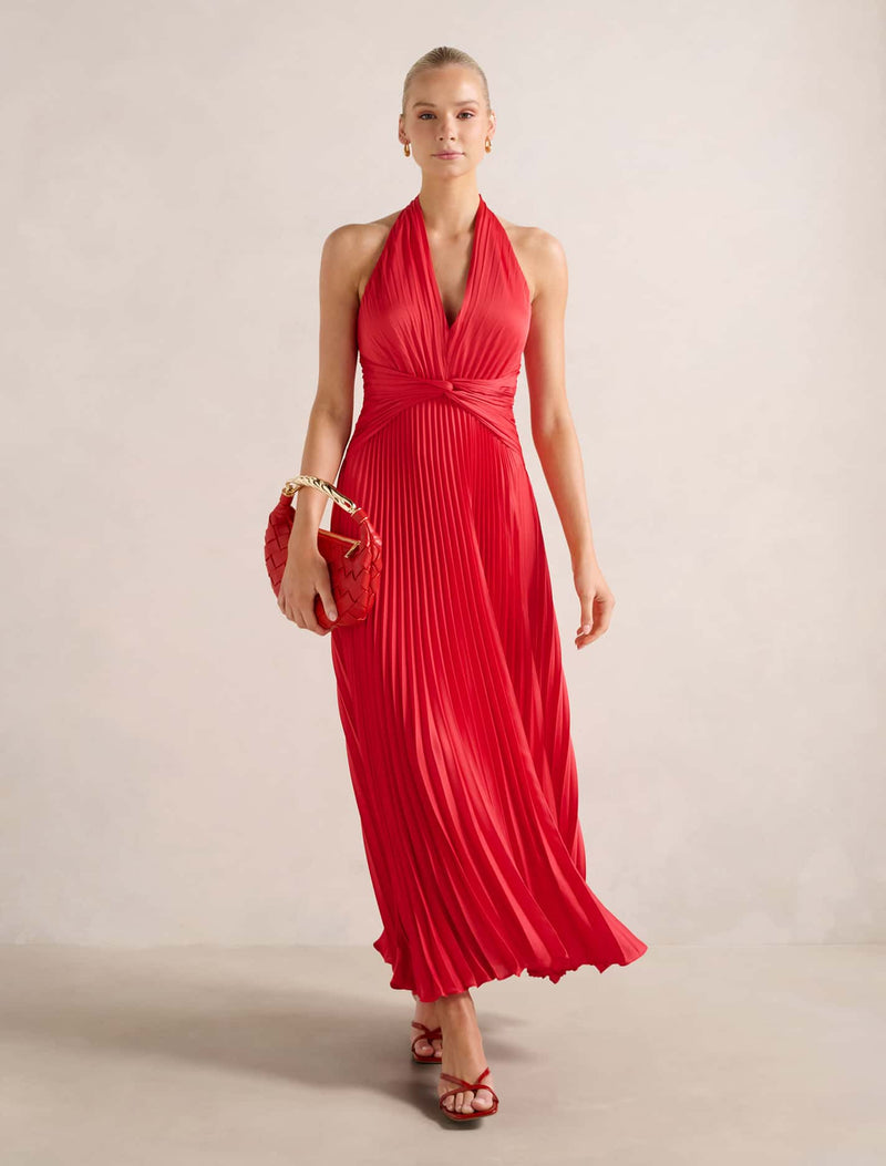 Natasha Pleated Satin Halter Maxi Dress Watermelon | Forever New Natasha Pleated Satin Halter Maxi Dress Watermelon | Forever New