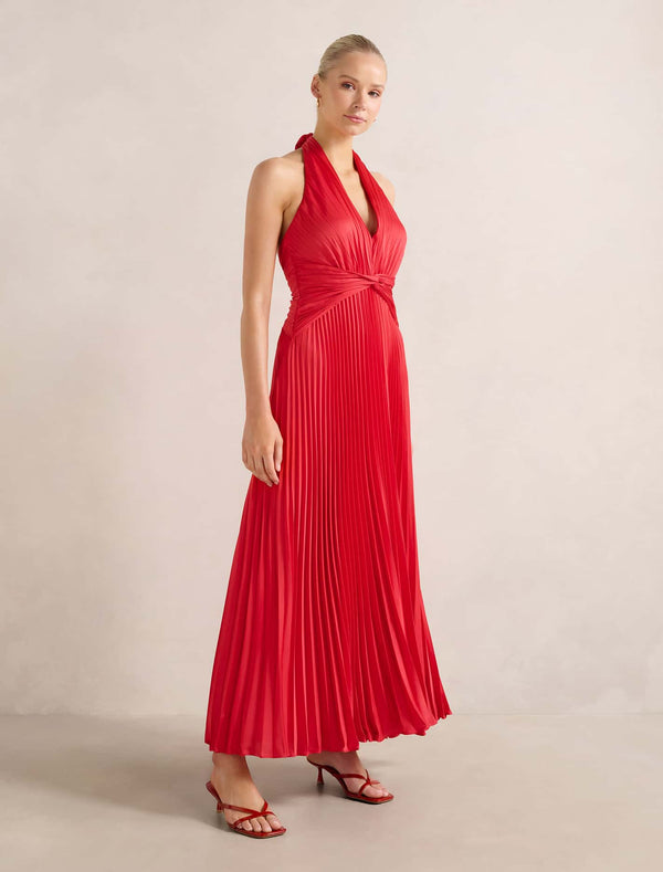 Natasha Pleated Satin Halter Maxi Dress Forever New