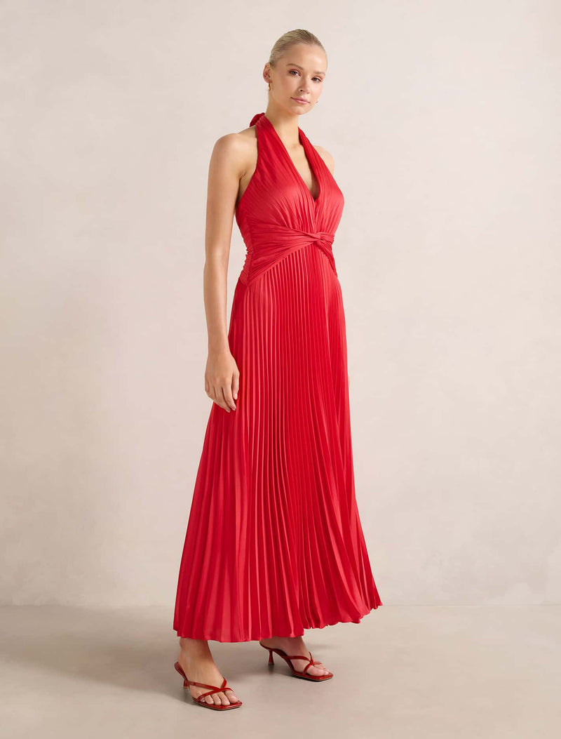 Natasha Pleated Satin Halter Maxi Dress Forever New