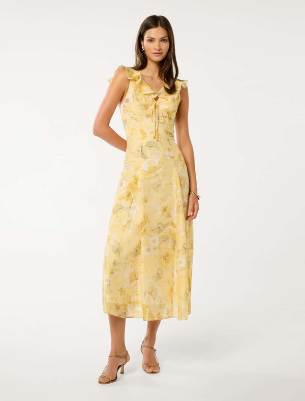 Lenny Godet Printed Midi Dress Gold Layla Botanical Forever New