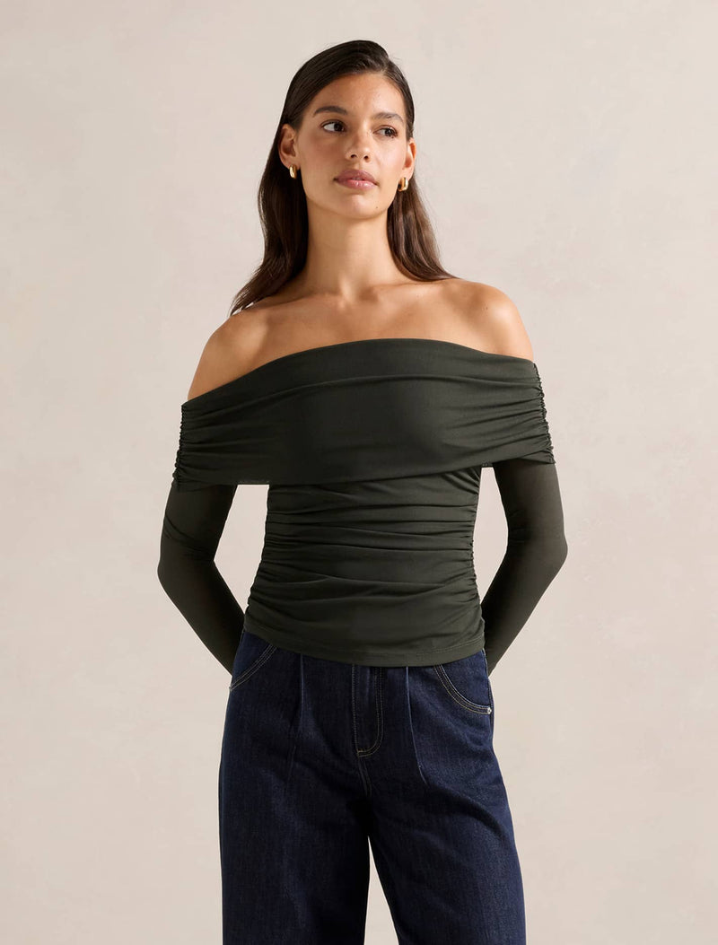 Kaia Ruched Mesh Bardot Top Forever New