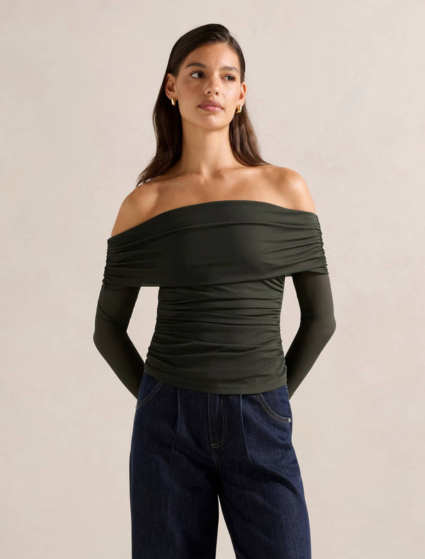 Kaia Ruched Mesh Bardot Top
