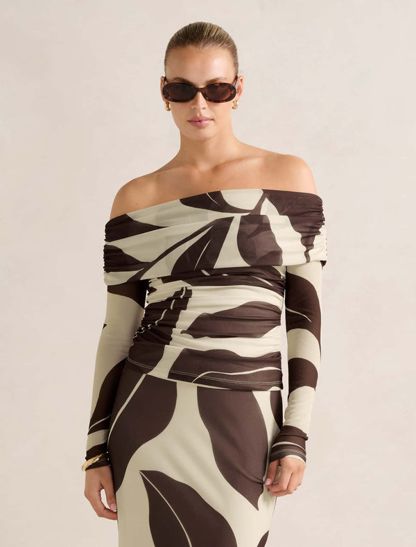 Kaia Ruched Mesh Bardot Top Liston Stencil Co-Ord Forever New