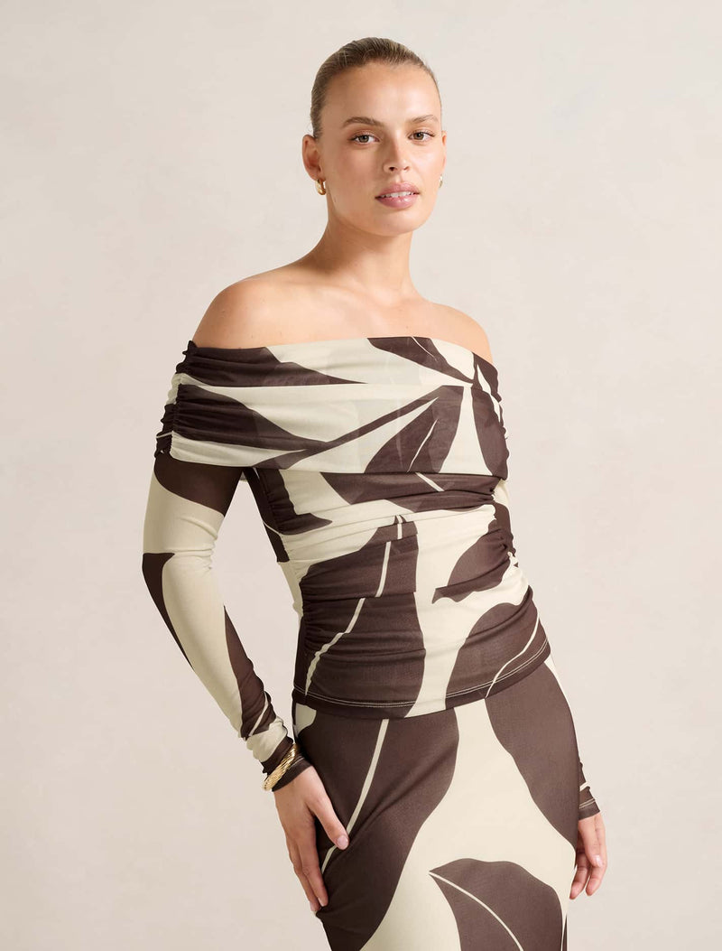 Kaia Ruched Mesh Bardot Top Forever New