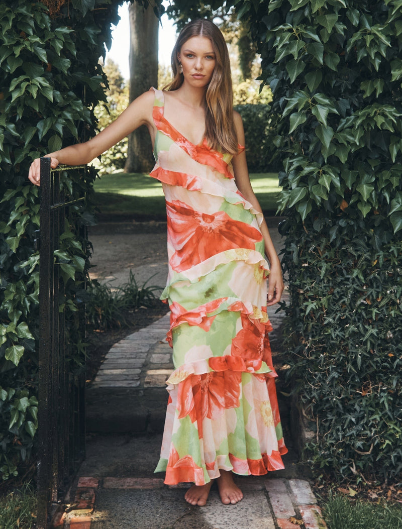 Isla Ruffle Asym Maxi Dress Coral Amara Floral | Forever New
