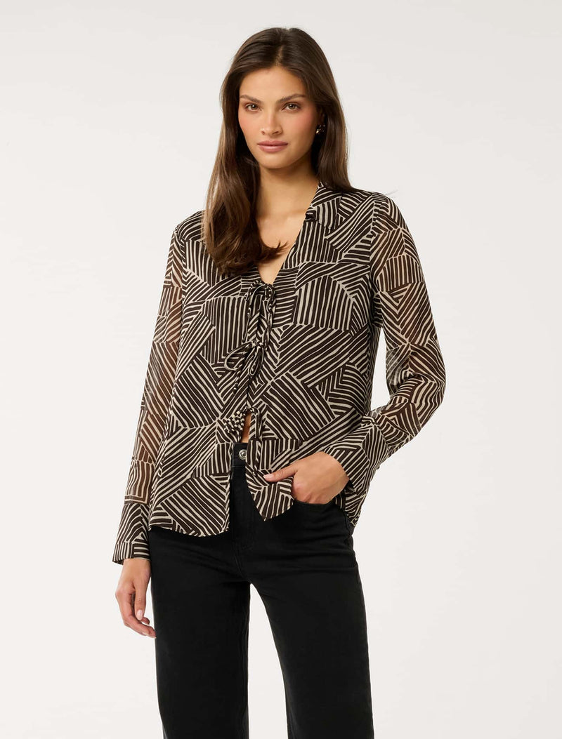 Hope Tie Front Shirt Dark Sloane Abstract Forever New