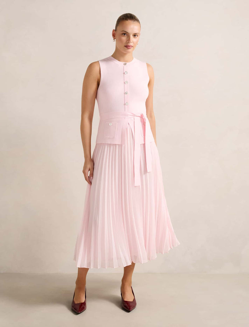 pleated skirt midi waistcoat dress Reiss Acler Dark Olive Green Waistcoat Bodice Pleated Dress in Dark Olive Green