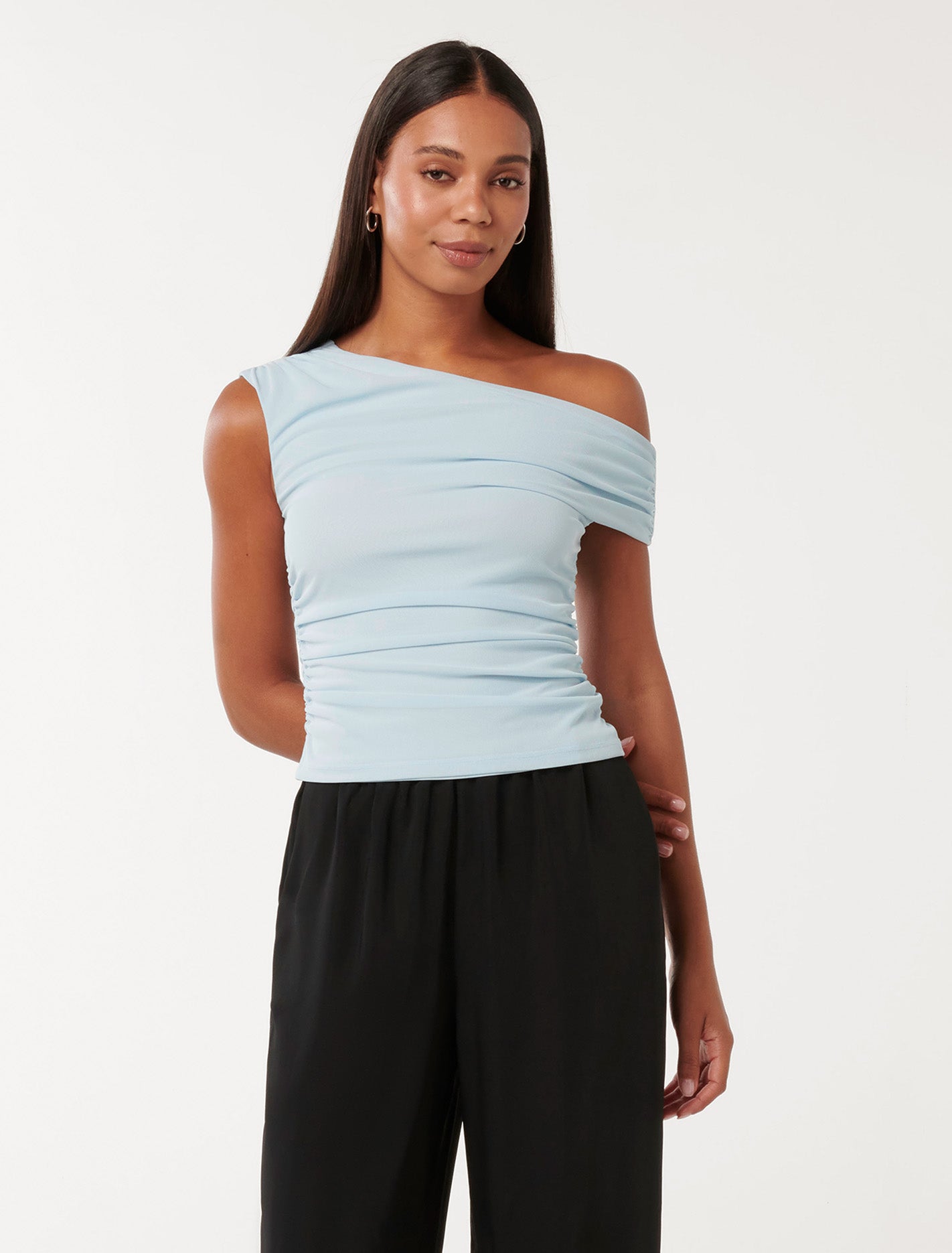 Luna Tipped Shoulder Mesh Top Subdued Blue | Forever New