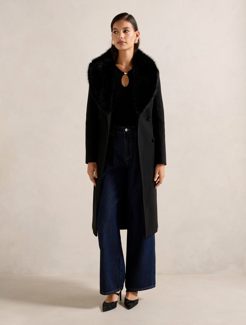 Chelsea Double Breasted Fur Collar Coat Black Forever New